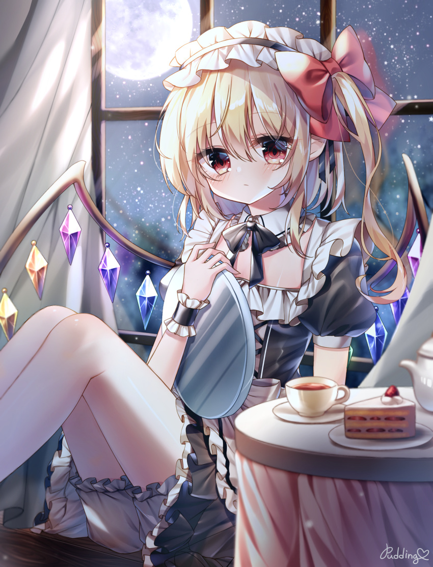 1girl :/ absurdres alternate_costume apron black_dress black_neckwear blonde_hair bloomers blurry blush bow brooch cake cake_slice closed_mouth commentary_request crystal cup curtains depth_of_field detached_collar dress enmaided expressionless eyebrows_visible_through_hair feet_out_of_frame flandre_scarlet flat_chest food fruit full_moon hair_between_eyes hair_bow highres holding holding_tray indoors jewelry knees_up looking_at_viewer maid maid_apron maid_headdress moon night night_sky one_side_up pudding_(skymint_028) puffy_short_sleeves puffy_sleeves red_bow red_eyes short_hair short_sleeves signature sitting sky solo star_(sky) strawberry table teacup teapot touhou tray underwear white_apron white_headwear window wings