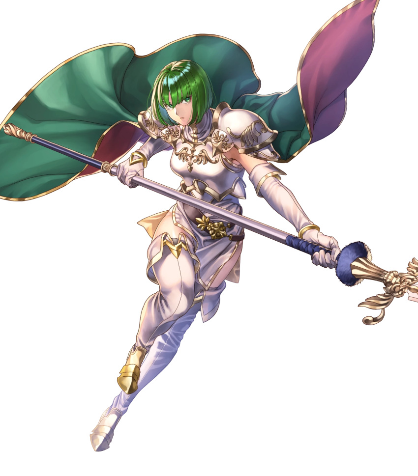 1girl armor belt black_legwear boots breastplate dithorba_(fire_emblem) dress elbow_gloves fire_emblem fire_emblem:_genealogy_of_the_holy_war fire_emblem_heroes full_body gloves gold_trim green_eyes green_hair high_heels highres official_art shiny shiny_hair short_dress short_hair shoulder_armor sleeveless solo thigh-highs thigh_boots thighs transparent_background turtleneck white_dress white_footwear white_gloves yoneko_okome99 zettai_ryouiki