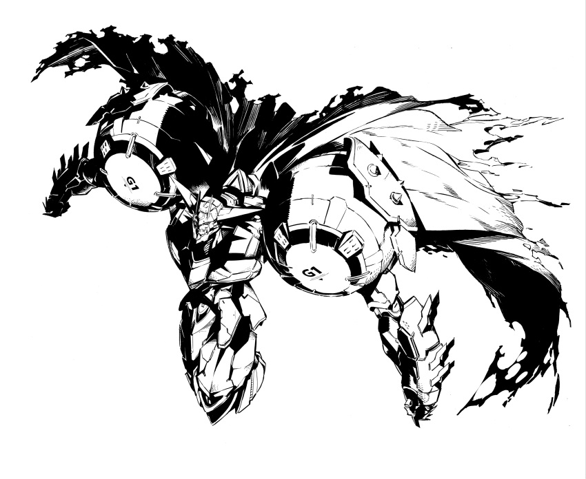 absurdres cape clenched_hands getter-1_(devolution) getter_robo getter_robo_devolution greyscale highres looking_up mecha monochrome no_humans science_fiction shimoguchi_tomohiro solo super_robot white_background