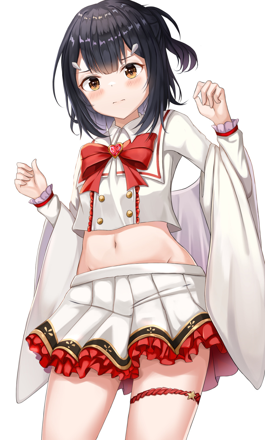 1girl absurdres bangs black_hair blush bow bowtie brown_eyes closed_mouth collared_shirt commentary_request cosplay cowboy_shot crop_top double-breasted fate/kaleid_liner_prisma_illya fate_(series) frilled_skirt frills groin hair_ornament hairclip hands_up highres long_sleeves looking_at_viewer medium_hair midriff miniskirt miyu_edelfelt navel pleated_skirt red_neckwear shirt simple_background skirt solo thigh_strap vikala_(granblue_fantasy) vikala_(granblue_fantasy)_(cosplay) white_background white_shirt white_skirt zeroillya