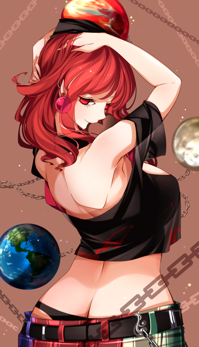 1girl absurdres ass black_panties breasts brown_background butt_crack candy chain chocolate chocolate_heart choker commentary_request crop_top earrings earth_(ornament) food hand_in_hair heart hecatia_lapislazuli highres jewelry large_breasts looking_at_viewer medium_hair moon_(ornament) mouth_hold multicolored multicolored_clothes multicolored_skirt panties pointy_ears polos_crown raptor7 red_eyes redhead shadow shirt simple_background skirt smile solo touhou underwear