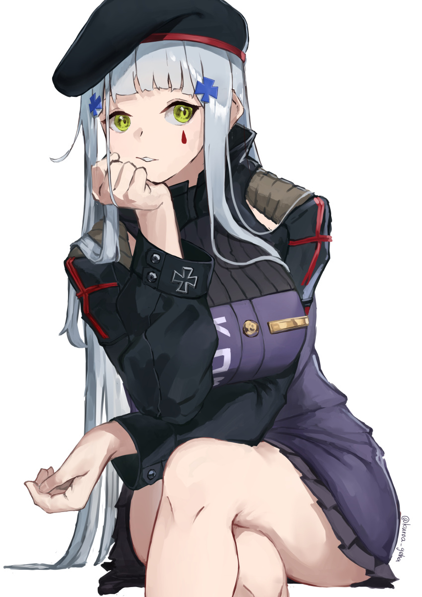 1girl absurdres arm_support bangs bare_legs beret black_headwear blunt_bangs breasts commentary_request crossed_legs facial_mark girls_frontline green_eyes hair_ornament hat head_rest highres hk416_(girls_frontline) jacket kuroa_geha large_breasts long_hair long_sleeves looking_at_viewer pleated_skirt silver_hair sitting skirt solo teardrop thighs white_background