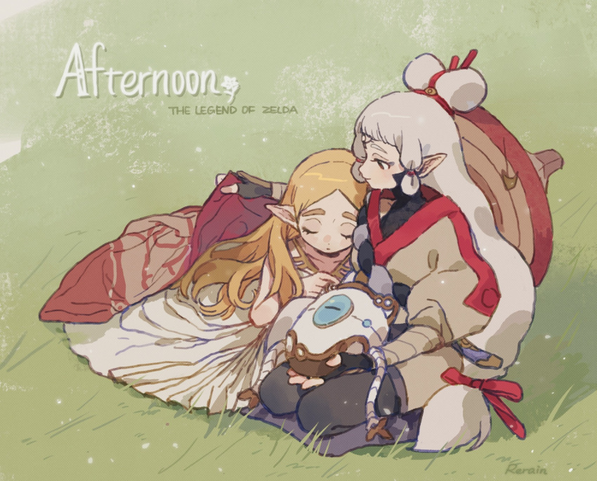 2girls blanket blonde_hair dress fingerless_gloves forehead_tattoo gloves grass hair_bun harmonybreeze highres hyrule_warriors:_age_of_calamity impa leaning_on_person looking_at_another multiple_girls pointy_ears princess_zelda seiza sheikah silver_hair sitting sleeping sleeping_on_person terrako the_legend_of_zelda the_legend_of_zelda:_breath_of_the_wild