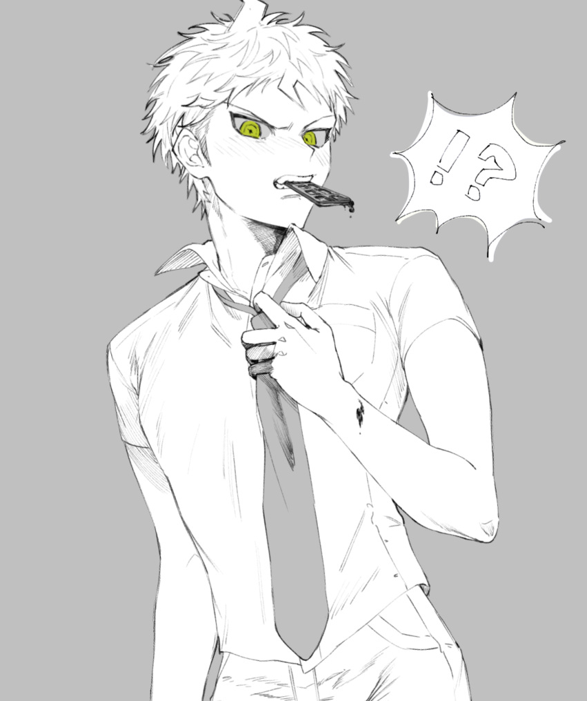 !? 1boy adjusting_clothes adjusting_necktie ahoge brown_eyes candy chocolate chocolate_bar collared_shirt commentary_request cowboy_shot dangan_ronpa_(series) dangan_ronpa_2:_goodbye_despair dress_shirt food green_eyes grey_background greyscale highres hinata_hajime looking_at_viewer male_focus monochrome necktie pants shirt short_hair short_sleeves simple_background sketch solo speech_bubble spoken_interrobang spot_color suzumetarou upper_body valentine