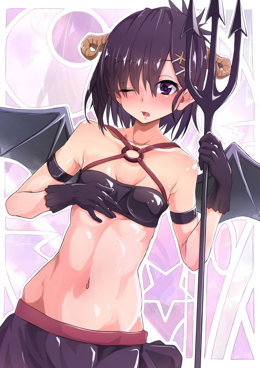 1girl absurdres armband bangs bare_shoulders black_gloves black_hair black_skirt breasts clip_studio_paint_(medium) collarbone crop_top crop_top_overhang demon_girl demon_horns demon_wings eyebrows_visible_through_hair gloves hair_between_eyes hair_ornament hairclip highres holding holding_polearm holding_weapon horns medium_hair navel one_eye_closed open_mouth original polearm shuutou_haruka skirt sleeveless small_breasts solo standing stomach trident tsukinose_vignette_april upper_body violet_eyes weapon wings x_hair_ornament