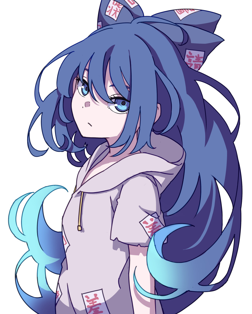 1girl :/ absurdres bangs blue_bow blue_eyes blue_hair bow breasts closed_mouth commentary_request debt expressionless eyebrows_behind_hair grey_hoodie hair_between_eyes hair_bow highres hood hoodie kame_(kamepan44231) long_hair looking_at_viewer messy_hair short_sleeves simple_background small_breasts solo swept_bangs touhou very_long_hair white_background yorigami_shion