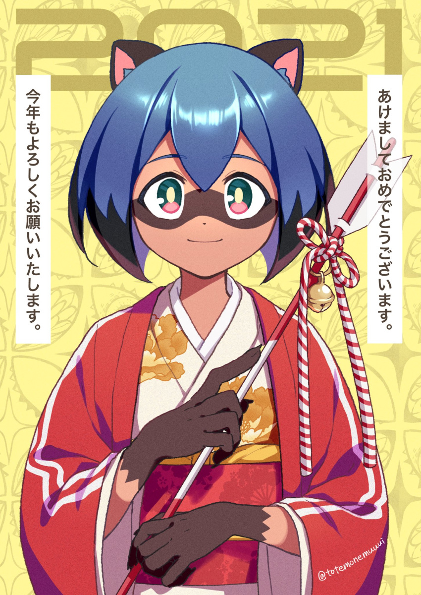 1girl 2021 animal_ear_fluff animal_ears arrow arrow_(projectile) bell blue_hair bob_cut brand_new_animal claws film_grain highres holding holding_arrow japanese_clothes jingle_bell kagemori_michiru kimono light_smile looking_at_viewer new_year obi patterned_background raccoon_ears raised_eyebrows red_eyes red_sash rope sash short_hair totemonemuuui twitter_username upper_body white_kimono yellow_background