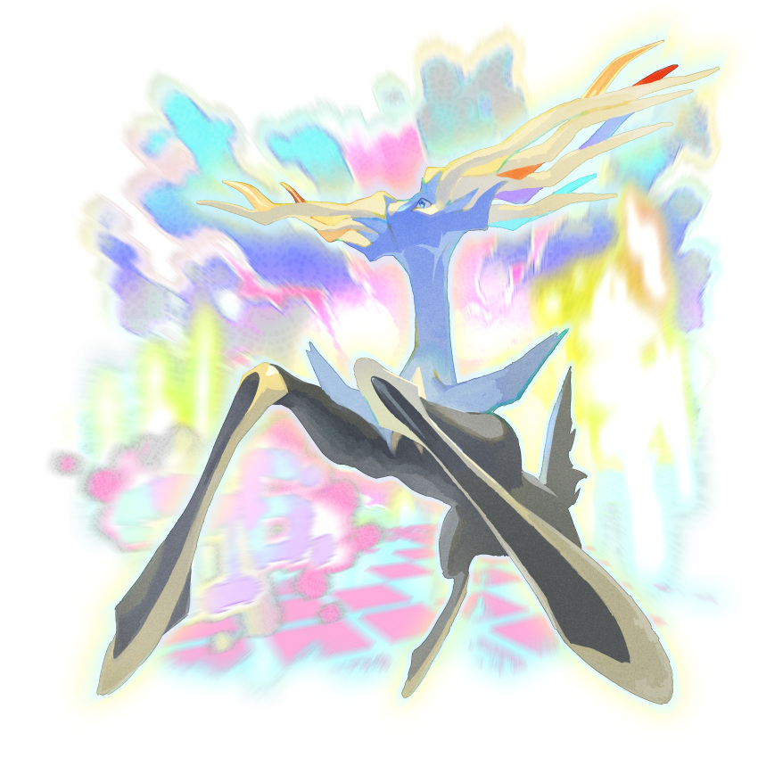 absurdres blue_eyes blurry commentary e_volution full_body gen_6_pokemon highres horns legendary_pokemon legs_apart no_humans pokemon pokemon_(creature) solo xerneas