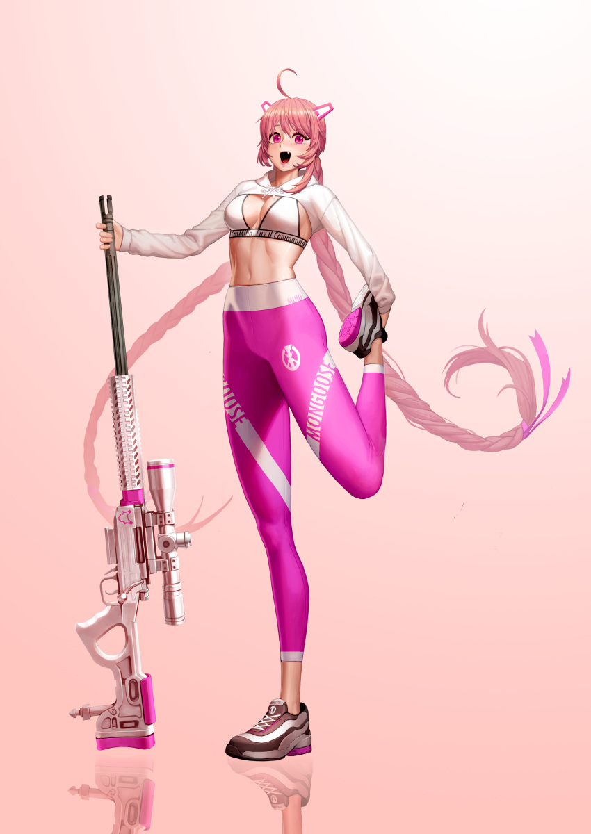 1girl absurdres ahoge bangs braid character_name cropped_jacket dc_(makezzal) english_text full_body gun highres last_origin long_hair looking_at_viewer midriff navel open_mouth pants pink_eyes rifle simple_background smile sniper_rifle solo sports_bra t-14_miho twin_braids very_long_hair weapon white_background yoga_pants