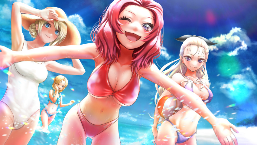 4girls arms_up assam_(girls_und_panzer) ball bangs beachball bikini black_ribbon blonde_hair blue_bikini blue_eyes blue_sky braid breasts brown_headwear closed_mouth clouds cloudy_sky commentary_request criss-cross_halter darjeeling_(girls_und_panzer) day frilled_bikini frills girls_und_panzer hair_pulled_back hair_ribbon halterneck hand_on_own_face hat highres holding holding_ball large_breasts leaning_forward long_hair looking_at_viewer medium_hair multiple_girls nabe_saori navel ocean one-piece_swimsuit one_eye_closed open_mouth orange_hair orange_pekoe_(girls_und_panzer) outdoors parted_bangs partial_commentary purple_bikini red_bikini red_eyes redhead ribbon rosehip_(girls_und_panzer) shading_eyes short_hair sky smile splashing standing straw_hat sun_hat swimsuit tied_hair twin_braids wading white_swimsuit