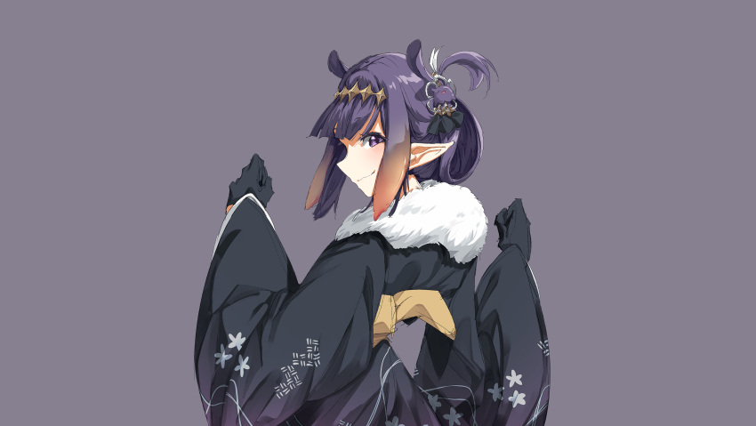 1girl alternate_costume alternate_hairstyle bangs black_gloves clenched_hands floating_hair from_behind fur_trim gloves hair_ornament hair_rings highres hololive hololive_english japanese_clothes kimono klin_(klin5715) long_pointy_ears looking_back ninomae_ina'nis pointy_ears purple_hair smile solo tako_(ninomae_ina'nis) tentacle_hair tied_hair virtual_youtuber yukata