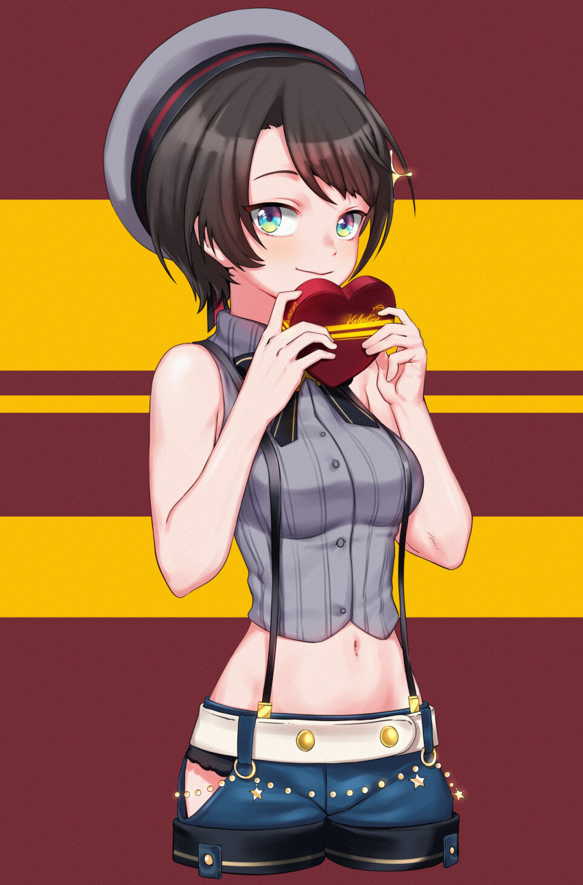 1girl absurdres artpatient black_bow blue_eyes bow box breasts brown_hair candy chocolate chocolate_heart cropped_legs denim denim_shorts food grey_headwear hat heart highres holding holding_box hololive looking_at_viewer medium_breasts navel oozora_subaru short_hair short_shorts shorts sleeveless smile solo valentine virtual_youtuber