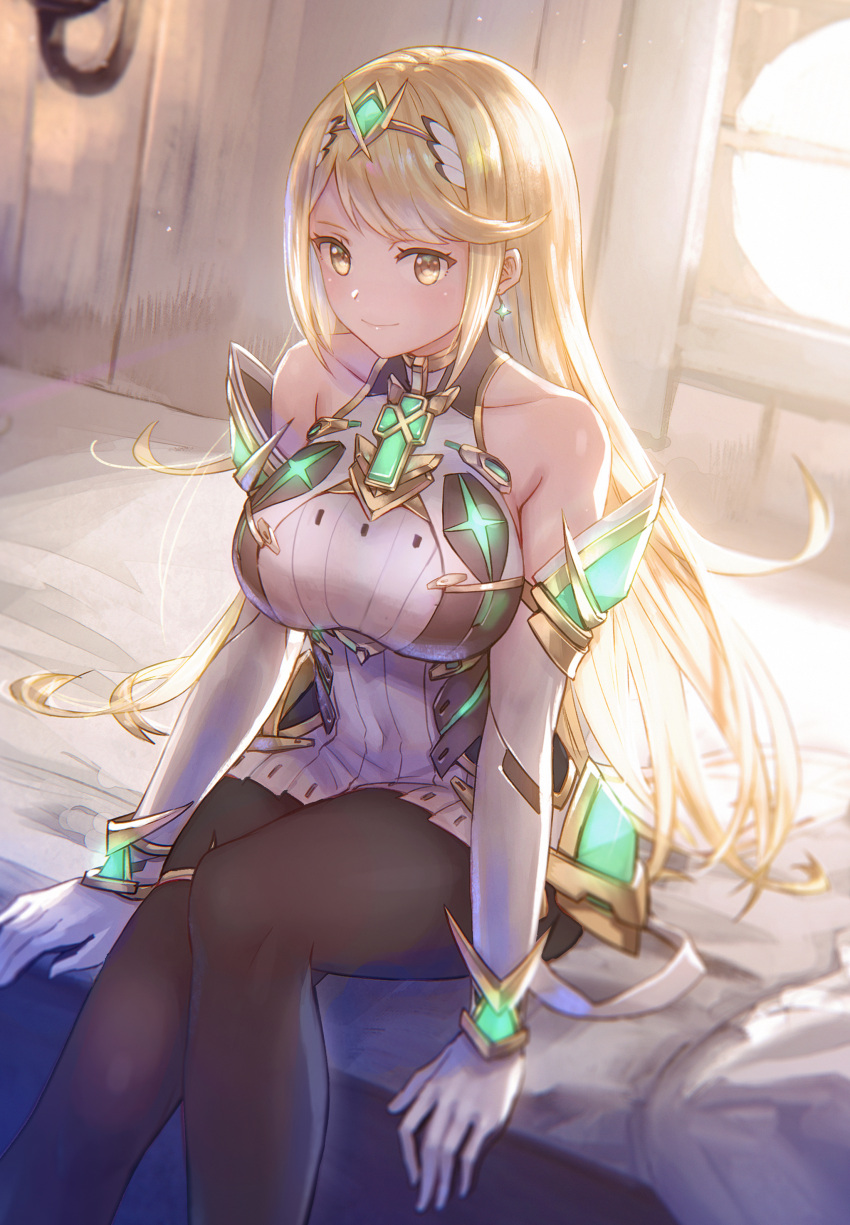 1girl absurdres anbe_yoshirou bed blonde_hair breasts gloves highres jewelry large_breasts mythra_(xenoblade) on_bed pantyhose sitting sitting_on_bed solo super_smash_bros. xenoblade_chronicles_(series) xenoblade_chronicles_2