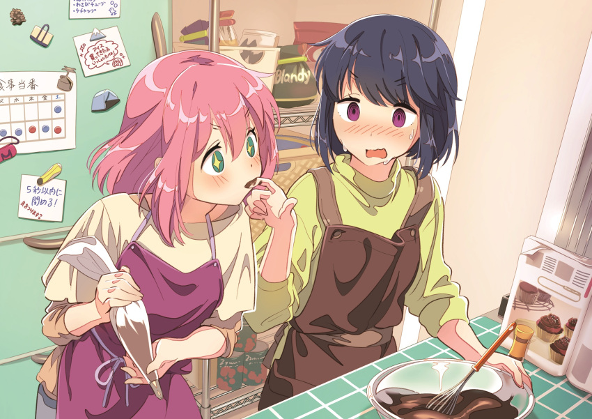 2girls apron bag blue_hair blush bowl can chocolate chocolate_on_fingers commentary finger_licking food green_eyes highres hotaru_iori indoors kagamihara_nadeshiko kitchen licking looking_at_another magazine magnet muffin multiple_girls open_mouth overalls pink_hair refrigerator refrigerator_magnet shima_rin shirt short_hair sparkling_eyes spiral_eyes sticky_note surprised sweat violet_eyes wavy_mouth whisk yuri yurucamp