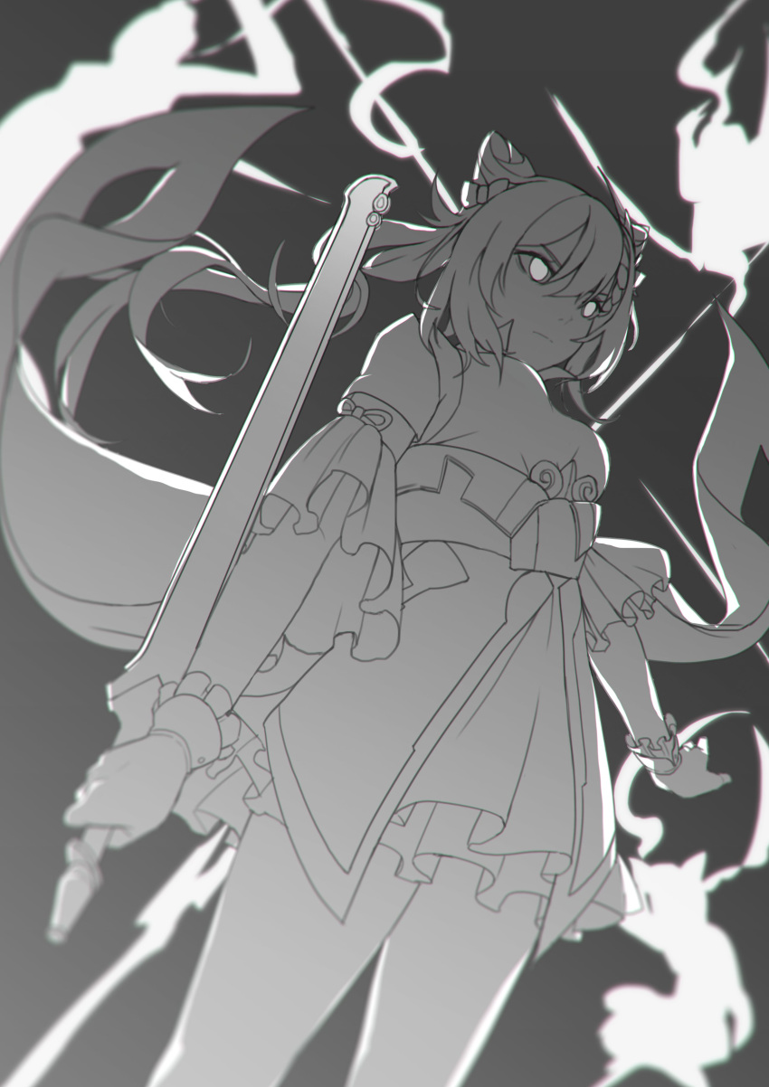 1girl absurdres afterimage bow closed_mouth frills genshin_impact greyscale hair_between_eyes highres holding holding_sword holding_weapon keqing_(genshin_impact) long_hair mazu_(mazumaro) monochrome reverse_grip solo sword twintails weapon