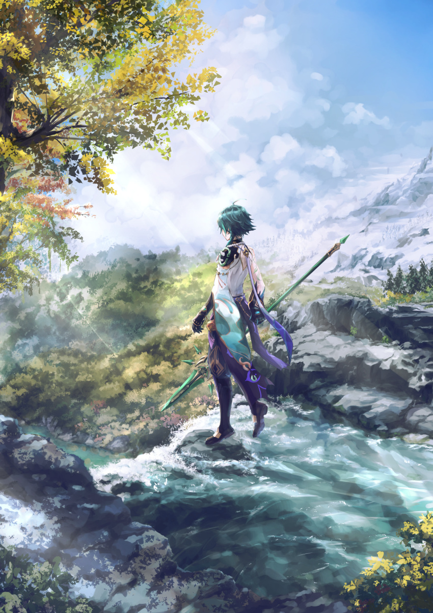 1boy arm_guards arm_tattoo bare_shoulders bead_necklace beads black_gloves black_hair clouds day detached_sleeves from_behind genshin_impact gloves green_hair highres holding holding_polearm holding_spear holding_weapon jewelry long_hair male_focus mask multicolored_hair necklace outdoors polearm river rtjc3847 shoulder_pads shoulder_spikes sky sleeveless solo spear spikes tattoo tree water waterfall weapon xiao_(genshin_impact)