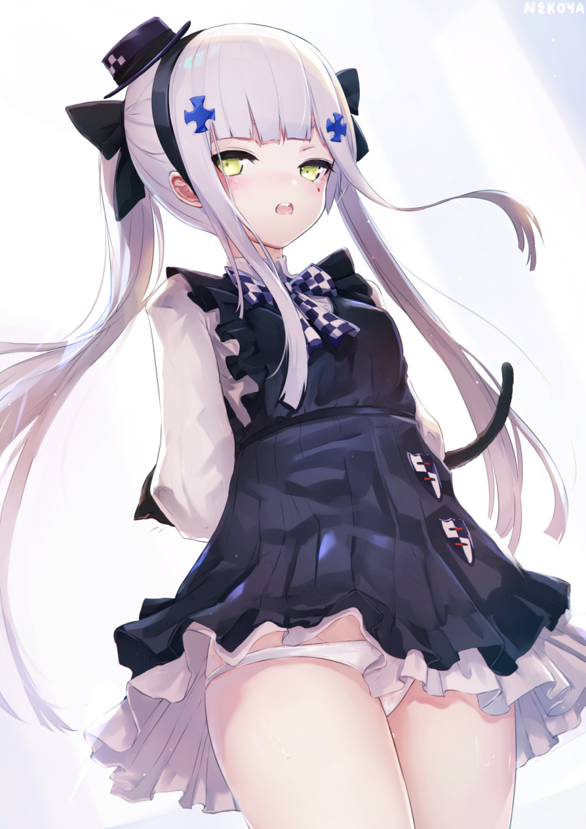 1girl apron arms_behind_back artist_name bangs black_apron black_bow black_hairband blush bow cat_tail checkered checkered_bow dress eyebrows_behind_hair girls_frontline green_eyes groin hair_bow hair_ornament hairband hat highres hk416_(girls_frontline) long_hair long_sleeves looking_at_viewer mini_hat nekoya_(liu) open_mouth panties purple_headwear sidelocks signature solo tail tiles twintails underwear upper_teeth very_long_hair white_dress white_hair white_panties