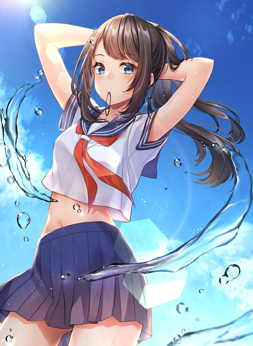 1girl absurdres arms_behind_head arms_up ass_visible_through_thighs black_hair blue_eyes blue_skirt blue_sky breasts cowboy_shot crop_top crop_top_overhang hair_tie_in_mouth high-waist_skirt highres kitazume_kumie long_hair looking_at_viewer midriff miniskirt mouth_hold navel neckerchief original outdoors pleated_skirt ponytail sailor_collar school_uniform serafuku shirt short_sleeves sidelocks skirt sky small_breasts solo stomach sunlight tying_hair water white_shirt