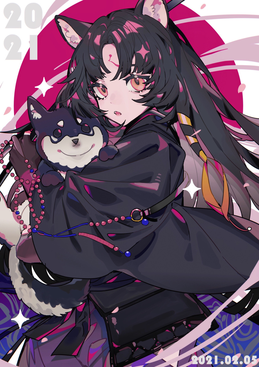 1girl 2021 absurdres animal animal_ear_fluff animal_ears animal_hug arknights bangs black_hair black_kimono brown_eyes commentary dated dog dog_ears facial_mark forehead_mark grey_hair highres japanese_clothes kimono long_hair long_sleeves looking_at_viewer multicolored_hair parted_bangs parted_lips petals purple_background saga_(arknights) solo sparkle symbol_commentary taowu_(20809) two-tone_background two-tone_hair very_long_hair white_background wide_sleeves