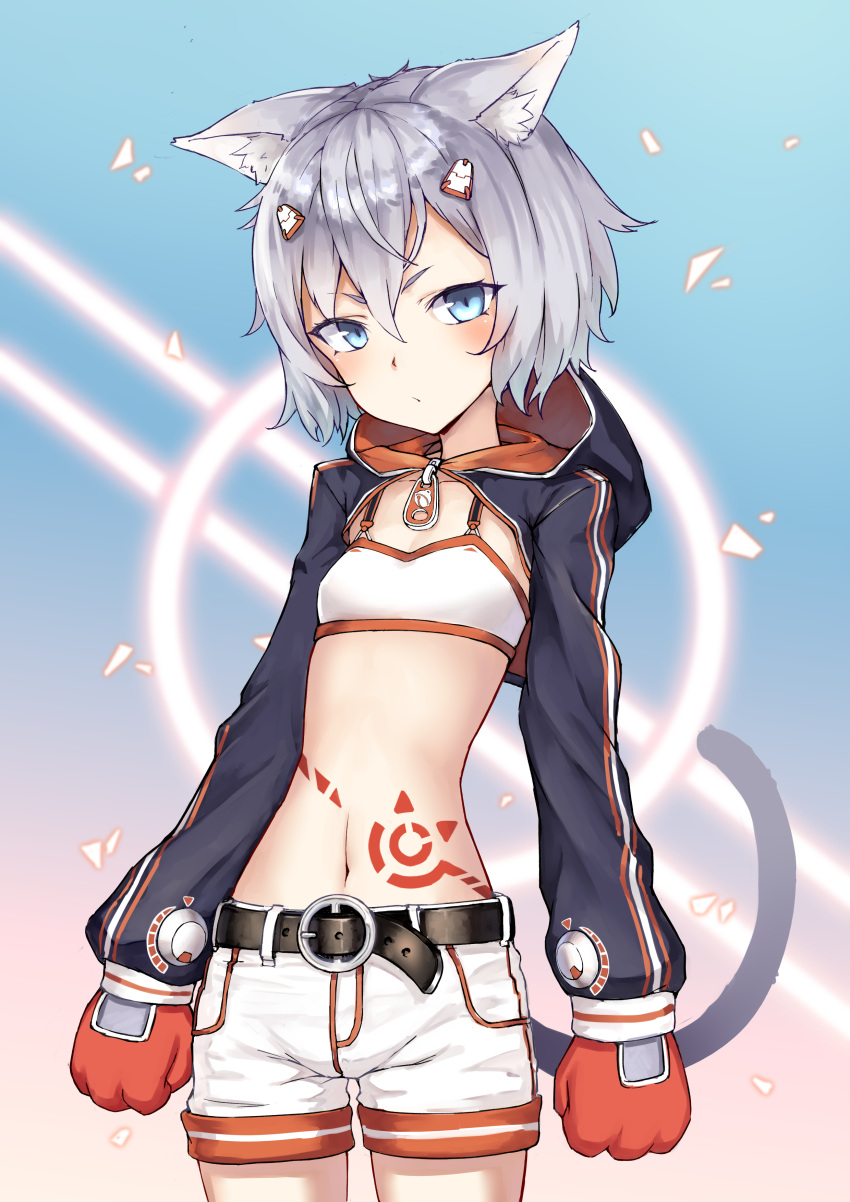 1girl absurdres animal_ears belt blue_eyes breasts cat_ears cat_girl cat_tail closed_mouth cowboy_shot crop_top gloves hair_ornament highres hood hood_down long_sleeves looking_at_viewer midriff navel original red_gloves ryuinu shirt short_hair short_shorts shorts shrug_(clothing) silver_hair small_breasts solo spaghetti_strap standing stomach stomach_tattoo tail tattoo v-shaped_eyebrows white_shirt white_shorts