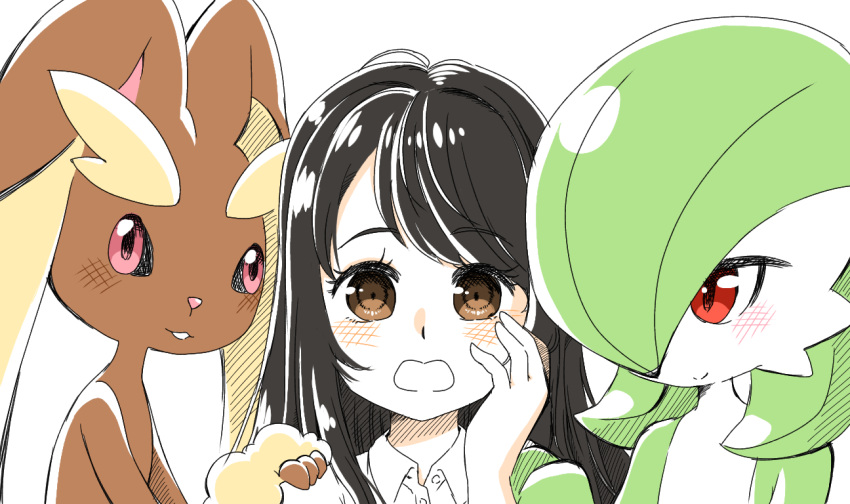 3girls :3 animal_ears bangs black_hair blush bob_cut body_fur brown_fur buttons closed_mouth collared_shirt colored_skin commentary_request eyebrows_visible_through_hair flat_chest furry gardevoir gen_3_pokemon gen_4_pokemon green_hair green_skin hair_over_one_eye hand_on_another's_shoulder hand_on_own_cheek hand_on_own_face hand_up interspecies long_hair looking_at_another looking_at_viewer looking_to_the_side lopunny muguet multicolored multicolored_skin multiple_girls open_mouth original pink_eyes pokemon pokemon_(creature) rabbit_ears rabbit_girl red_eyes shiny shiny_hair shirt short_hair sidelocks simple_background smile straight-on swept_bangs two-tone_fur two-tone_skin upper_body white_background white_shirt white_skin yellow_fur yuri