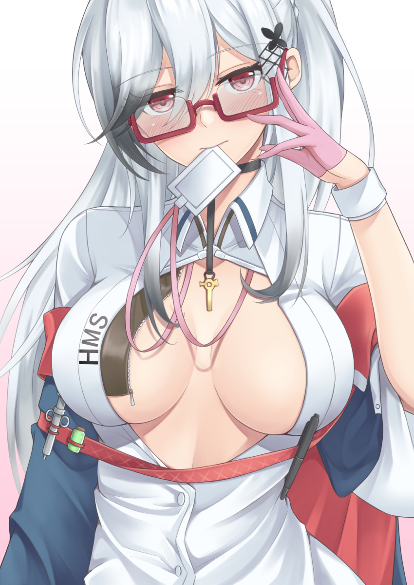 1girl azur_lane blush breasts butterfly_hair_ornament center_opening choker cleavage_cutout clothing_cutout commentary_request cosplay dunkerque_(azur_lane) glasses gloves grey_hair hair_ornament half_gloves highres id_card lanyard large_breasts looking_at_viewer lou_(09991) mouth_hold nurse perseus_(azur_lane) perseus_(azur_lane)_(cosplay) perseus_(nursery_service_time)_(azur_lane) pink_gloves red-framed_eyewear red_eyes sidelocks syringe upper_body