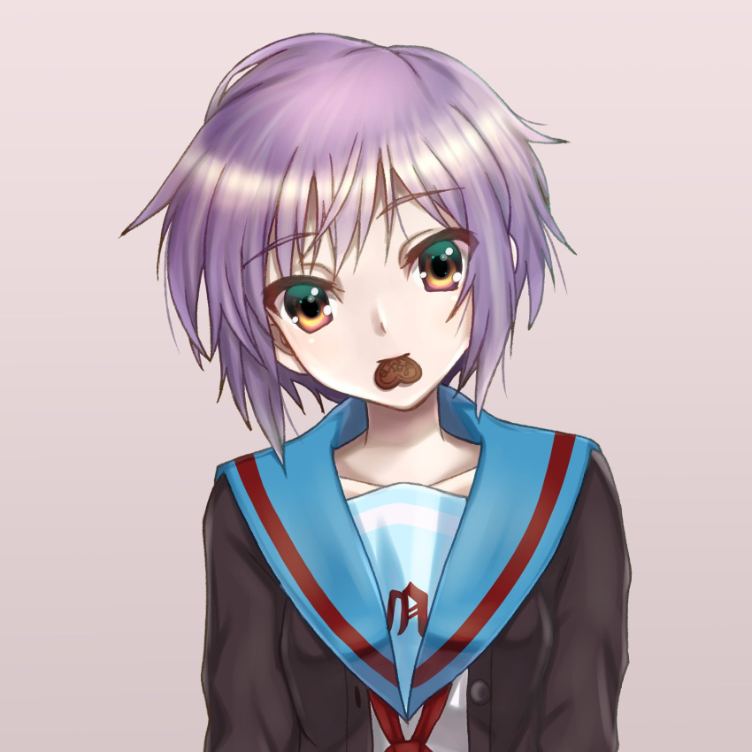 1girl arms_at_sides bangs bickle_(bickle1983) black_cardigan blue_sailor_collar brown_eyes candy cardigan chocolate chocolate_heart collarbone commentary_request eyebrows_visible_through_hair food food_in_mouth heart highres kita_high_school_uniform looking_at_viewer mouth_hold nagato_yuki neckerchief purple_hair red_neckwear sailor_collar school_uniform serafuku short_hair simple_background solo suzumiya_haruhi_no_yuuutsu upper_body valentine
