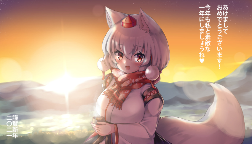 2021 akeome animal_ear_fluff animal_ears blush breasts breath cherry_blossom_print commentary_request cup fang floral_print hair_between_eyes happy_new_year hat heart holding holding_cup inubashiri_momiji kotoyoro kourindou_tengu_costume large_breasts long_sleeves looking_at_viewer mountainous_horizon nengajou new_year onomiya open_mouth outdoors pom_pom_(clothes) red_eyes red_headwear red_scarf scarf shirt short_hair sky smile star_(sky) starry_sky sunrise tail tokin_hat touhou translation_request upper_body white_hair white_shirt wide_sleeves wolf_ears wolf_tail