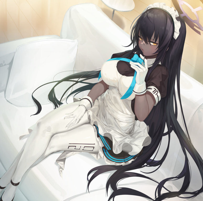 1girl absurdres ahoge apron bangs black_footwear black_hair blue_archive blue_ribbon breasts commentary couch crossed_legs dark_skin dark-skinned_female gloves hair_between_eyes hair_twirling half-closed_eyes halo hand_on_own_thigh hand_up highres jam_(nandade) karin_(blue_archive) large_breasts long_hair looking_at_viewer maid_headdress on_couch pantyhose parted_lips pillow puffy_short_sleeves puffy_sleeves ribbon short_sleeves sitting solo very_long_hair white_apron white_gloves white_legwear yellow_eyes