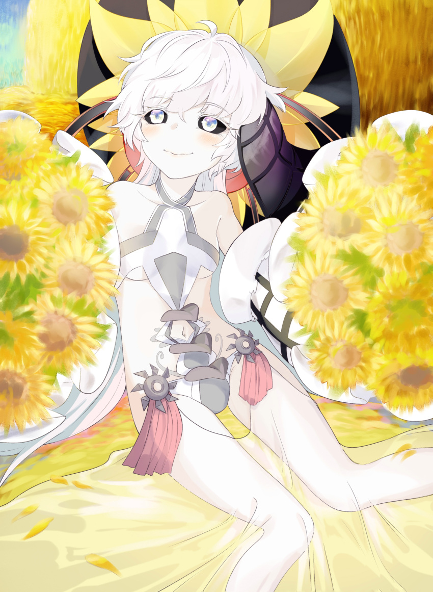1girl absurdres bangs bare_shoulders black_headwear black_sclera blush breasts coffeekite colored_sclera colored_skin fate/grand_order fate_(series) flower highres large_hat looking_at_viewer navel revealing_clothes short_hair sitting small_breasts smile sunflower thighs van_gogh_(fate) white_eyes white_hair white_skin