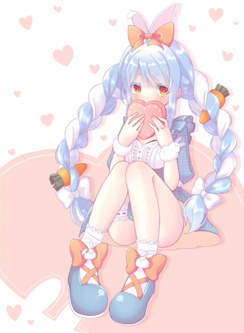 1girl animal_ears bangs blue_dress blue_footwear blue_hair blush bow box braid breasts bright_pupils carrot_hair_ornament center_frills convenient_leg covering_mouth dress eyebrows_visible_through_hair food_themed_hair_ornament frills gift gift_box hair_bow hair_ornament heart heart-shaped_box heart_background highres holding holding_gift hololive knees_up leg_garter long_hair looking_at_viewer mixed-language_commentary multicolored_hair orange_bow orange_eyes puffy_short_sleeves puffy_sleeves rabbit_ears shoe_bow shoes short_sleeves sidelocks simple_background sitting small_breasts solo supineru_aion twin_braids twintails two-tone_hair usada_pekora valentine very_long_hair virtual_youtuber white_background white_bow white_hair white_pupils wristband