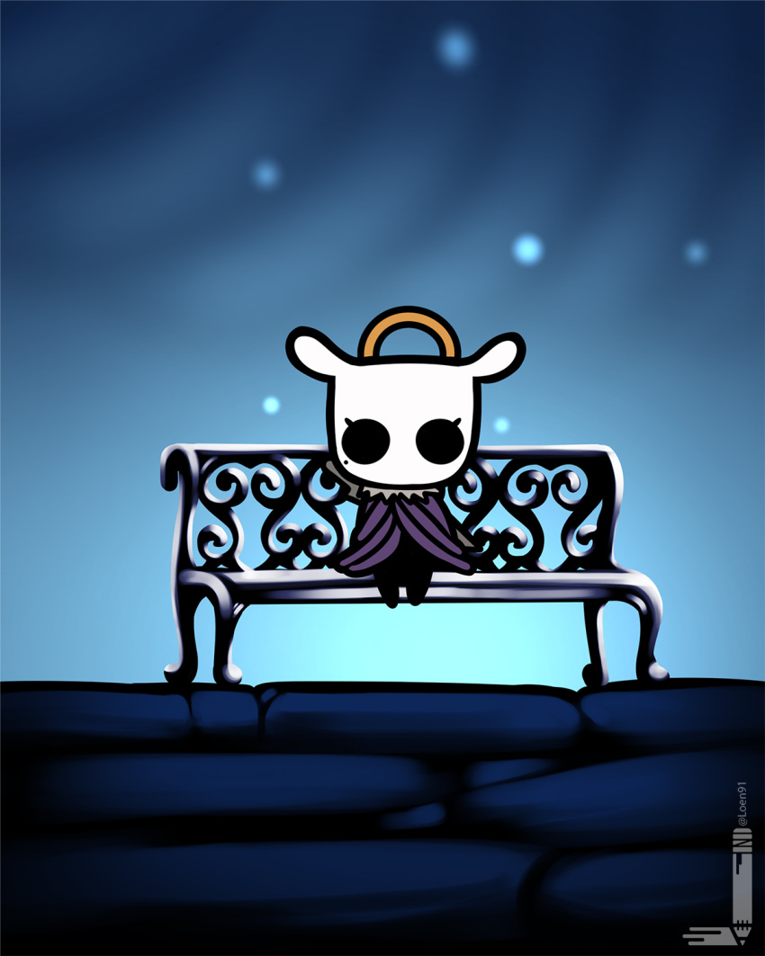 1girl animal_ears bench cloak fusion halo highres hollow_knight hololive hololive_english knight_(hollow_knight) loen looking_at_viewer mole mole_under_eye ninomae_ina'nis purple_cloak sitting solo twitter_username weapon weapon_on_back