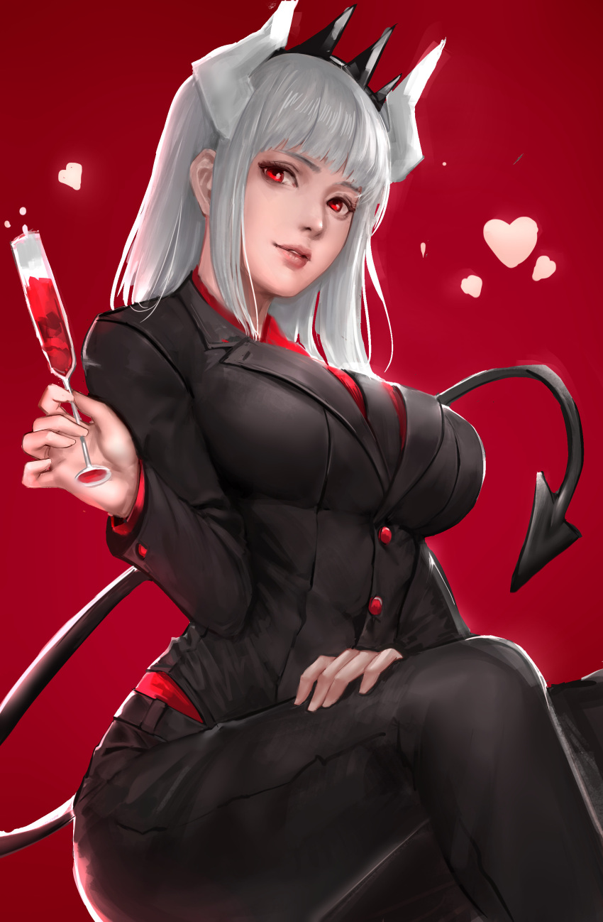 1girl absurdres alcohol black_neckwear black_pants black_shirt breasts champagne_flute cup demon_girl demon_horns demon_tail drinking_glass feet_out_of_frame hand_on_own_leg heart helltaker highres horns large_breasts long_hair looking_at_viewer lucifer_(helltaker) necktie pants red_background red_eyes red_shirt sherylnome shirt simple_background sitting solo tail white_hair white_horns