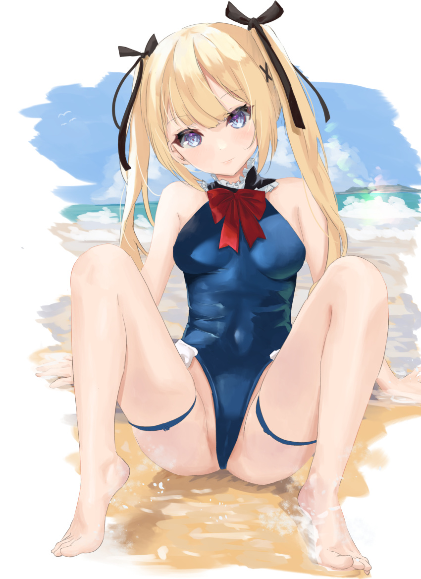 1girl absurdres azur_lane bare_shoulders barefoot black_ribbon blonde_hair blue_eyes blush bow bowtie breasts casual_one-piece_swimsuit dead_or_alive eyebrows_visible_through_hair frilled_swimsuit frills hair_between_eyes hair_ornament highres long_hair looking_at_viewer marie_rose nina_(pixiv31869672) one-piece_swimsuit red_bow red_neckwear ribbon sitting small_breasts smile swimsuit swimwear thigh_strap twintails very_long_hair white_background x_hair_ornament