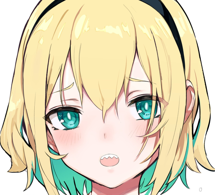 1girl amano_pikamee aqua_eyes aqua_hair blonde_hair eyebrows_visible_through_hair hews highres sharp_teeth teeth third-party_edit voms