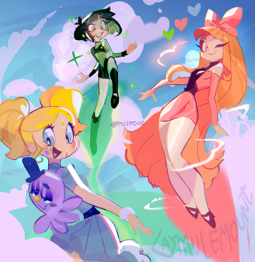 3girls ;) absurdres backpack bag black_hair blonde_hair blossom_(ppg) blue_eyes breasts bubbles_(ppg) buttercup_(ppg) clouds cloudy_sky colored_inner_hair commentary dress earrings flat_chest flying green_eyes green_hair highres jewelry long_eyelashes long_hair mulemount multicolored_hair multiple_girls narrow_waist off-shoulder_dress off_shoulder one_eye_closed orange_hair pink_dress powerpuff_girls scrunchie short_twintails siblings sisters sky small_breasts smile symbol_commentary twintails two-tone_hair very_long_hair wrist_scrunchie