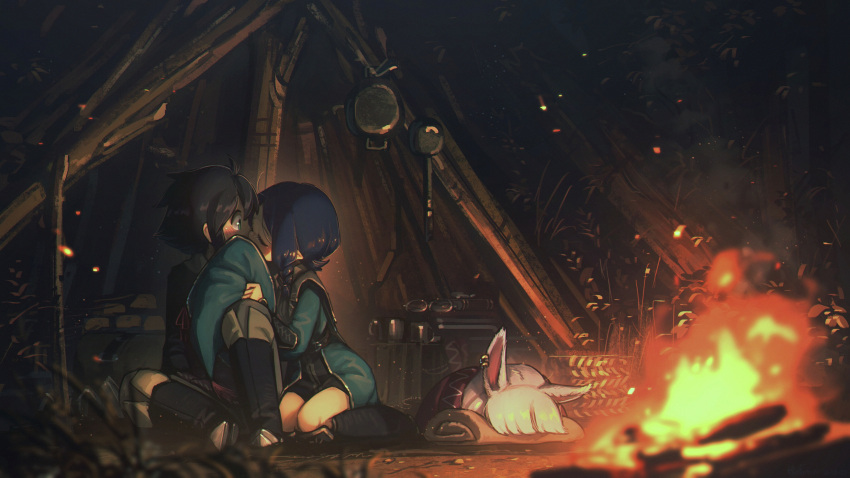 1boy 2girls absurdres animal_ears black_hair blue_hair blush book boots campfire closed_eyes cup earrings forest frying_pan glasses hat hetero highres holding holding_clothes holding_hat jacket jewelry kiss long_hair mug multiple_girls nature night original pants pointy_hair porforever rabbit_ears sitting skirt sleeping tent white_hair wide_shot witch_hat