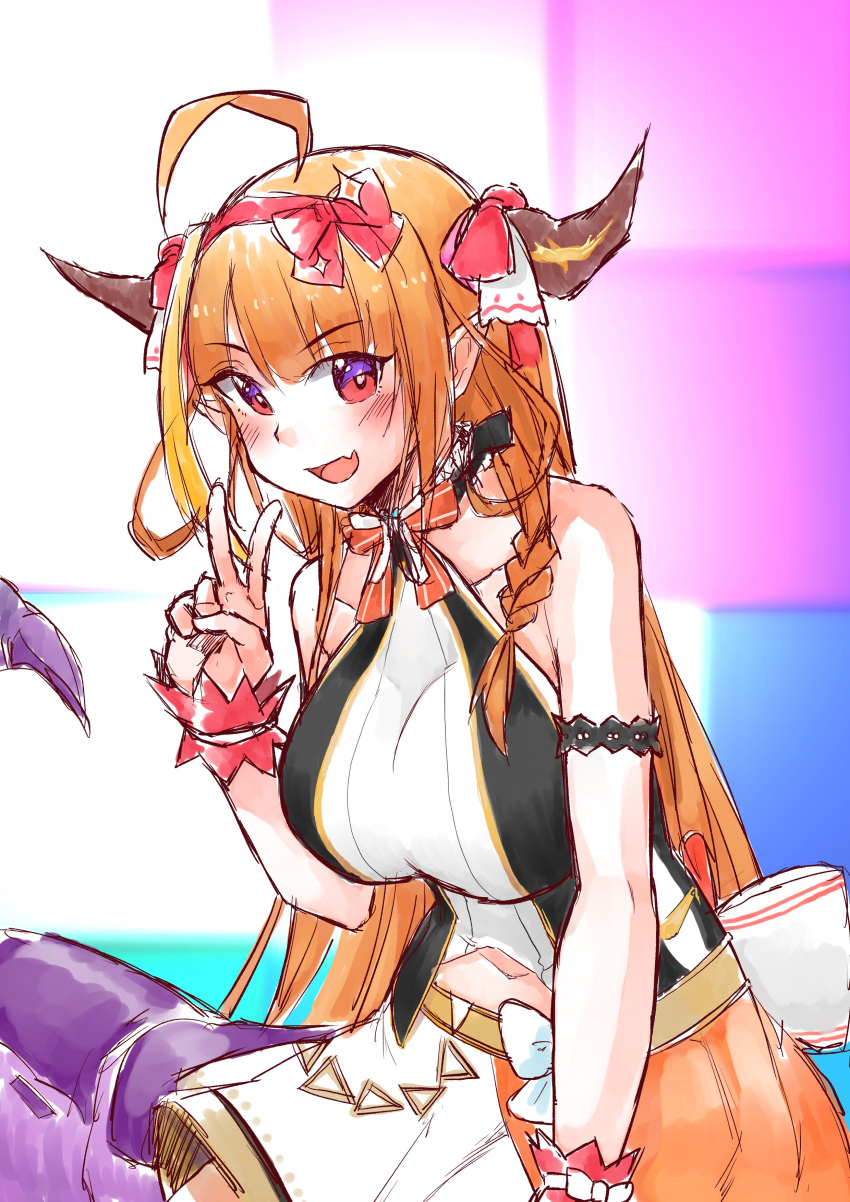 1girl absurdres ahoge arm_strap bangs blonde_hair bow breasts clothing_cutout dragon_girl dragon_horns dragon_tail fang hair_bow highres hololive horns idol_clothes kiryuu_coco large_breasts leaning_forward long_hair looking_at_viewer multicolored_hair navel navel_cutout open_mouth orange_hair orange_skirt red_bow ryoshi skin_fang skirt solo streaked_hair tail v virtual_youtuber wrist_cuffs