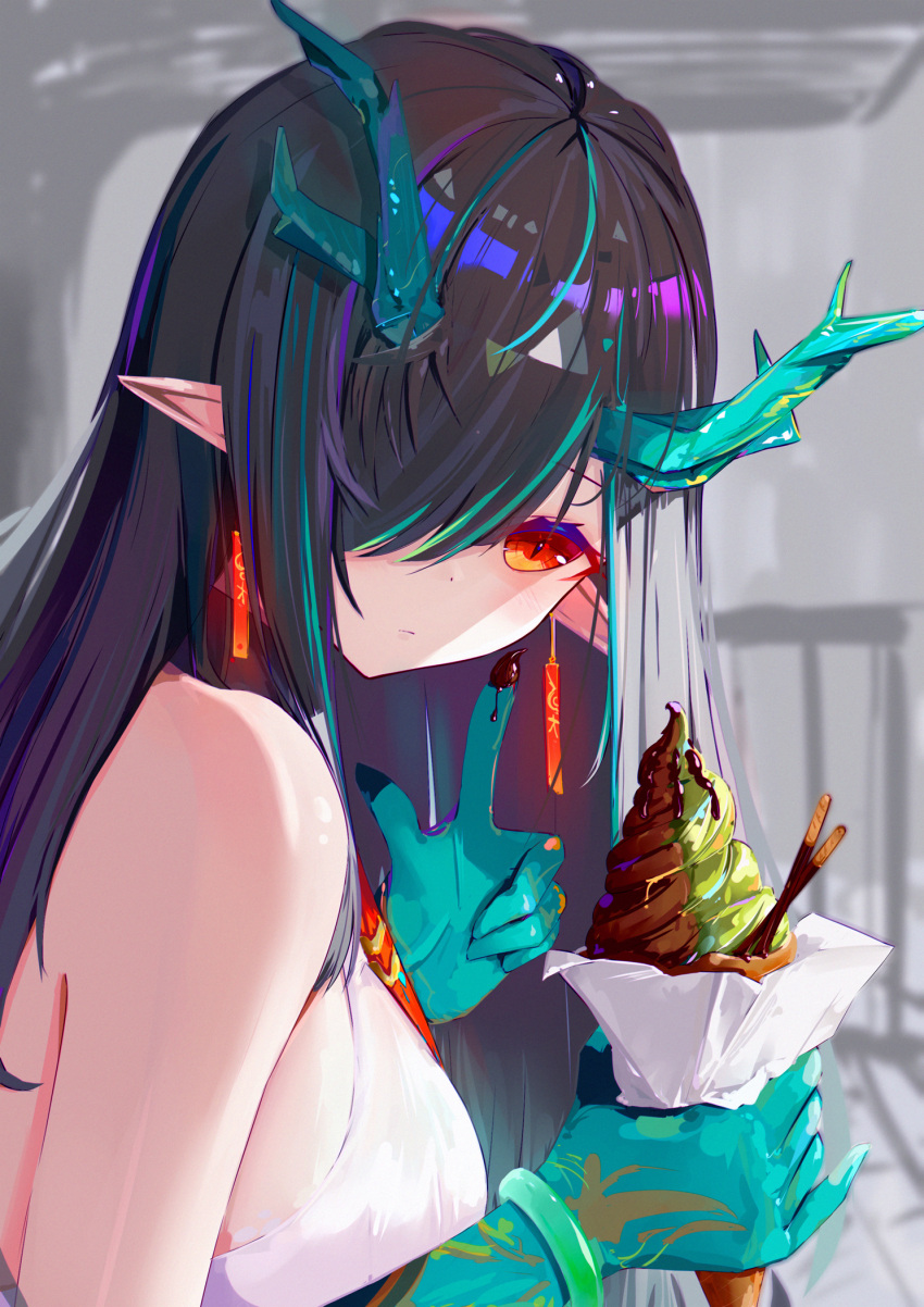 1girl arknights bangs bare_shoulders black_hair breasts commentary_request dusk_(arknights) food hair_over_one_eye highres holding holding_food horns ice_cream index_finger_raised long_hair looking_at_viewer medium_breasts multicolored_hair orange_eyes pocky pointy_ears shuixi sleeveless solo streaked_hair