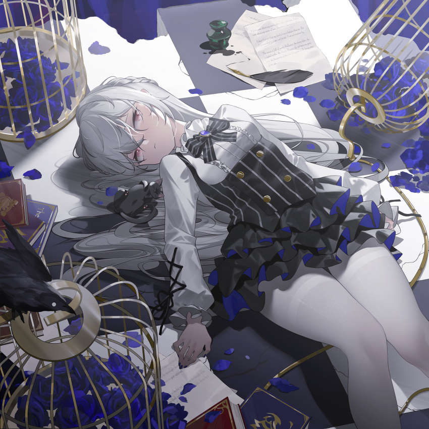 1girl allan_poe bangs benghuai_xueyuan bird birdcage black_cat black_dress black_neckwear blue_flower blue_rose book brooch buttons cage cat checkered checkered_floor commentary crow dress english_commentary feet_out_of_frame flower frilled_dress frills hair_bun high_collar highres honkai_(series) honkai_impact_3rd ink_bottle jewelry long_hair long_sleeves looking_to_the_side lying necktie on_back pantyhose petals pink_eyes quill rose shaded_face shirt shirt_under_dress sidelocks solo striped striped_dress striped_neckwear tatatsu unamused vertical-striped_dress vertical_stripes white_hair white_legwear white_shirt