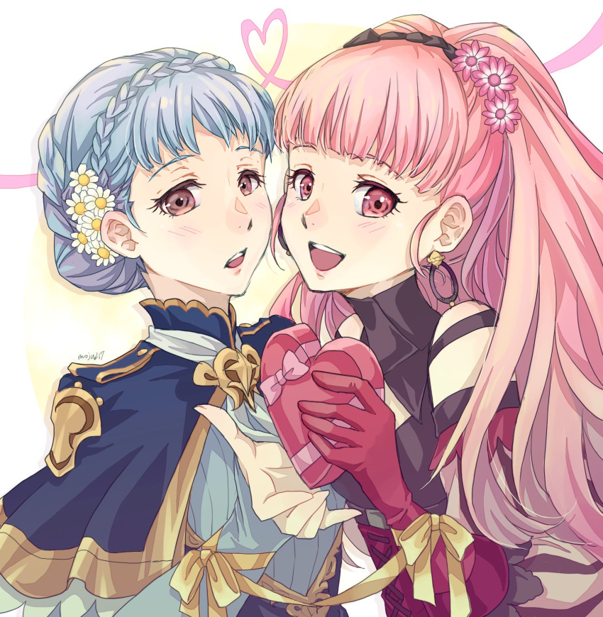 2girls :d bangs bare_shoulders blue_capelet blue_dress blue_hair box braid brown_eyes capelet commentary_request crown_braid dress earrings fire_emblem fire_emblem:_three_houses flower gloves hair_flower hair_ornament heart heart-shaped_box heart_of_string highres hilda_valentine_goneril holding holding_box hoop_earrings jewelry long_sleeves looking_at_viewer marianne_von_edmund mojakkoro multiple_girls open_mouth pink_eyes pink_flower pink_gloves pink_hair ribbon short_hair smile upper_body white_flower yellow_ribbon