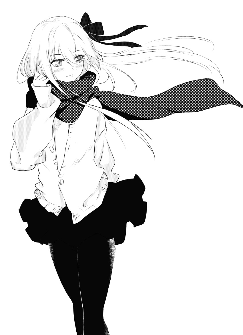 1girl absurdres bangs blush breasts coffeekite fate/extra fate/extra_ccc fate_(series) greyscale hair_ribbon highres jacket long_hair long_sleeves looking_at_viewer looking_to_the_side meltryllis_(fate) monochrome ribbon scarf skirt small_breasts smile thighs very_long_hair