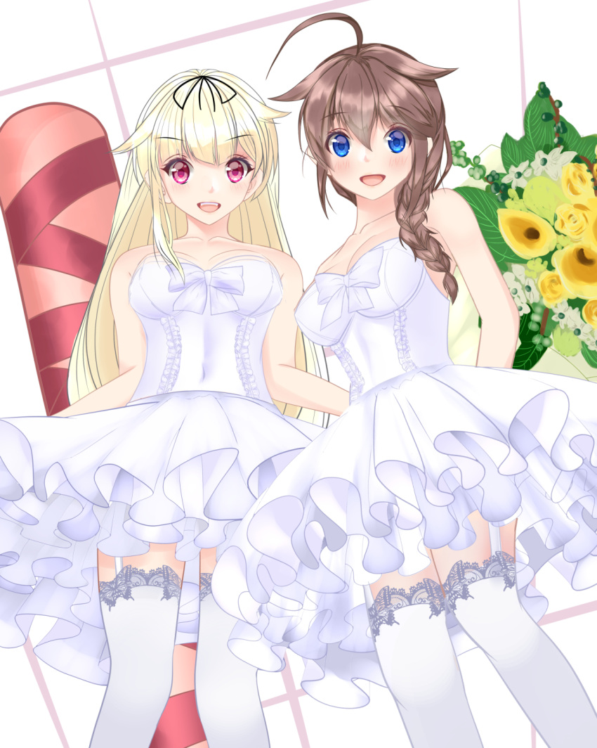 2girls ahoge alternate_costume arms_behind_back bare_shoulders black_hair black_ribbon blonde_hair blue_eyes bouquet braid commentary_request dress flower from_below garter_straps gift hair_flaps hair_ornament hair_over_shoulder hair_ribbon hairclip highres kantai_collection lace lace_legwear long_hair looking_at_viewer multiple_girls osashimisan red_eyes remodel_(kantai_collection) ribbon shigure_(kancolle) single_braid smile strapless strapless_dress thigh-highs tube white_dress white_legwear yuudachi_(kancolle)