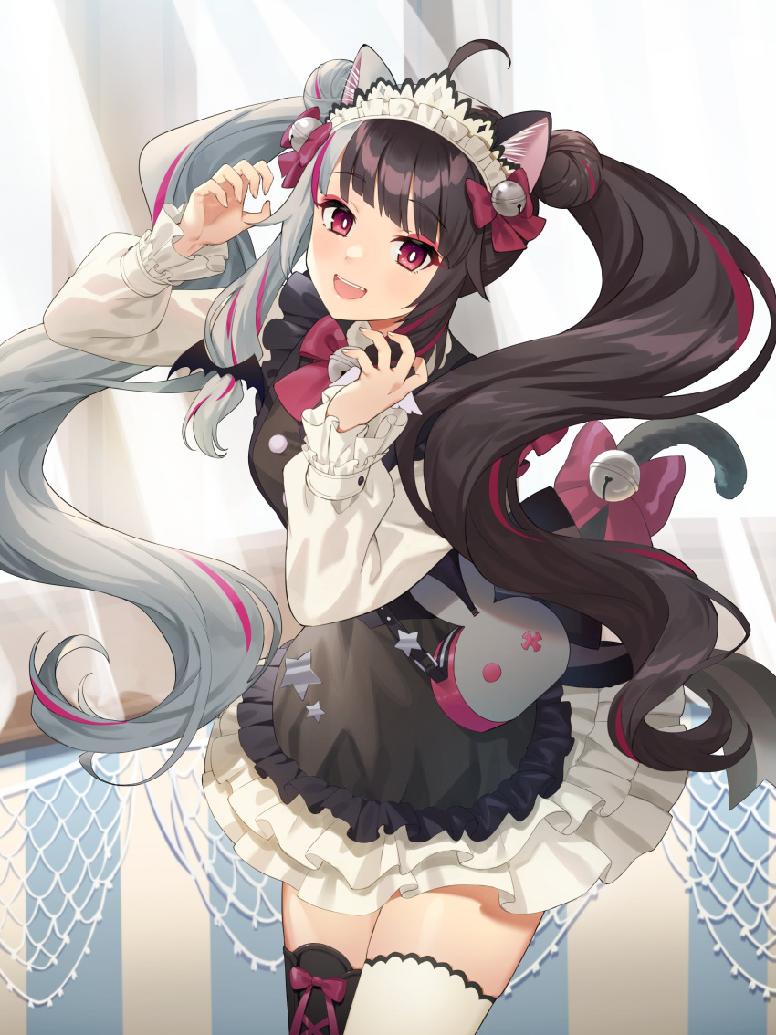1girl :d absurdres ahoge animal_bag animal_ear_fluff animal_ears apron bag bangs bell black_apron black_hair black_legwear bow cat_ears cat_girl cat_tail commentary_request double_bun dress eyebrows_visible_through_hair frilled_dress frills hair_bell hair_bow hair_ornament hands_up highres jingle_bell long_hair long_sleeves looking_at_viewer maid_headdress mismatched_legwear mosomoso multicolored_hair nijisanji open_mouth puffy_long_sleeves puffy_sleeves purple_bow purple_hair red_eyes shoulder_bag silver_hair sleeves_past_wrists smile solo star_(symbol) streaked_hair tail tail_bell tail_bow tail_ornament thigh-highs twintails two-tone_hair upper_teeth very_long_hair virtual_youtuber white_dress white_legwear yorumi_rena