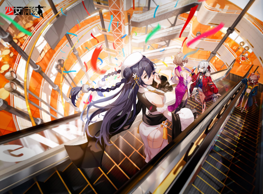 5girls alternate_costume alternate_hairstyle artist_request aug_para_(girls_frontline) back_cutout bangs black_gloves black_legwear blue_hair braid breasts brown_eyes brown_hair character_request closed_mouth clothing_cutout double_bun dress elbow_gloves escalator eyebrows_visible_through_hair flower girls_frontline glasses gloves grey_eyes grey_hair hair_flower hair_ornament hair_ribbon hand_up highres holding jacket lewis_(girls_frontline) long_hair medium_hair multicolored multicolored_clothes multiple_girls official_art open_mouth purple_dress red_jacket red_ribbon ribbon santa_costume santa_dress shorts silver_hair smile standing svd_(girls_frontline) tagme thigh-highs thighs type_92_(girls_frontline) white_dress white_gloves white_legwear