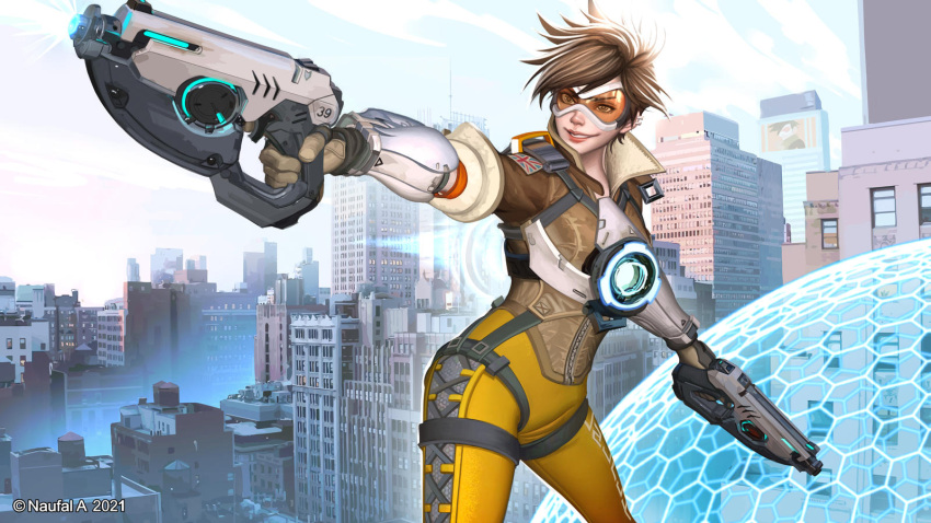 1girl asymmetrical_bangs bangs bodysuit bomber_jacket brown_eyes brown_hair chest_harness city cityscape collared_jacket cross-laced_clothes cross-laced_legwear dual_wielding finger_on_trigger gloves goggles grin gun handgun harness highres holding holding_gun holding_weapon jacket naufalaka overwatch pistol short_hair skin_tight smile solo spiky_hair standing tracer_(overwatch) vambraces weapon yellow_bodysuit