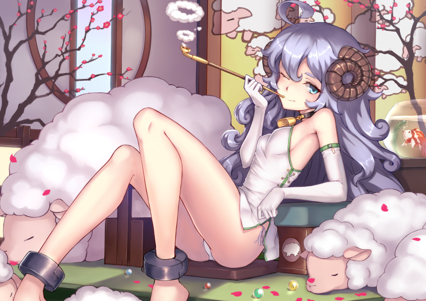 1girl ahoge animal armpits ass bare_legs bare_shoulders bell black_choker blue_eyes breasts choker cuffs curled_horns curly_hair dress elbow_gloves fish fishbowl gloves highres holding horns kiseru knees_up long_hair looking_at_viewer one_eye_closed original panties pipe reclining ryuinu sheep sheep_girl sheep_horns short_dress side-tie_panties side_slit silver_hair small_breasts smile solo string_panties thighs underwear white_gloves white_panties