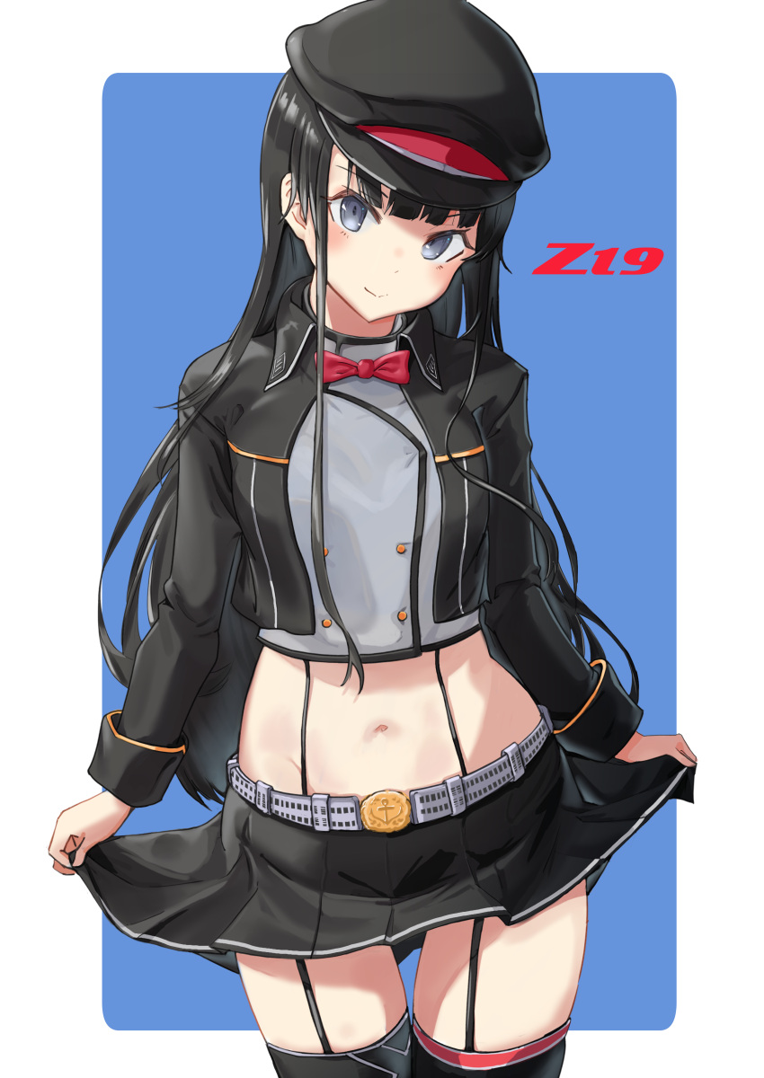 1girl absurdres azur_lane bangs black_hair black_jacket black_legwear black_skirt blue_background blue_eyes blunt_bangs blush bow bowtie breasts character_name closed_mouth commentary_request cowboy_shot crop_top double-breasted eyebrows_visible_through_hair garter_straps grey_shirt groin hat highres hime_cut iron_cross jacket long_hair long_sleeves looking_at_viewer midriff navel open_clothes open_jacket peaked_cap pleated_skirt red_neckwear sankyo_(821-scoville) shirt sidelocks simple_background skindentation skirt skirt_lift small_breasts smile solo standing thigh-highs thigh_gap z19_hermann_kunne_(azur_lane) zettai_ryouiki