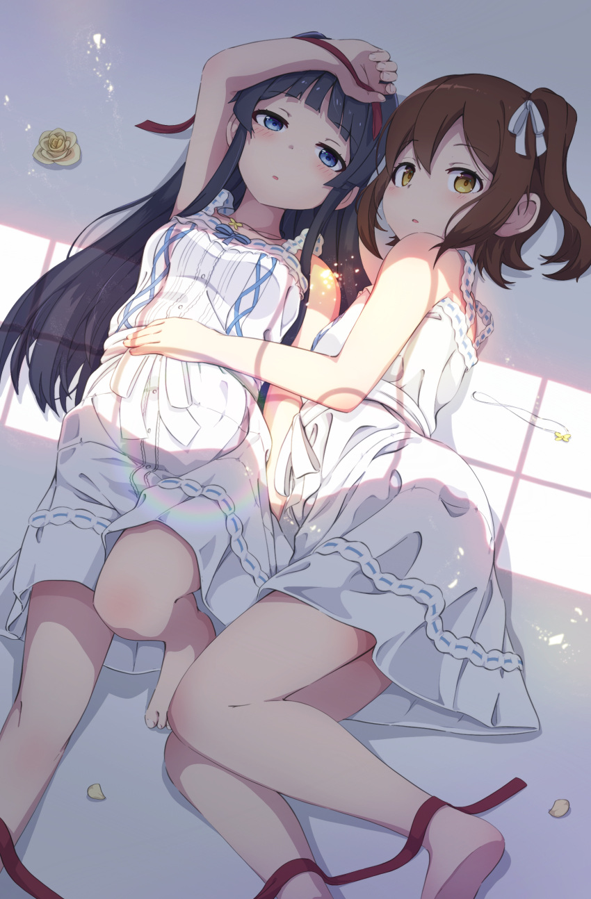 2girls absurdres arm_up bangs bare_arms bare_shoulders barefoot black_hair blue_eyes blush breasts brown_eyes brown_hair collarbone commentary_request dress eyebrows_visible_through_hair feet_out_of_frame flower gyorui_(katsuwo_drawing) hair_between_eyes hair_ribbon highres idolmaster idolmaster_million_live! idolmaster_million_live!_theater_days kasuga_mirai long_hair looking_at_viewer lying mogami_shizuka multiple_girls on_back on_side one_side_up parted_lips petals ribbon ribbon-trimmed_dress rose sleeveless sleeveless_dress small_breasts soles very_long_hair white_dress white_ribbon yellow_flower yellow_rose