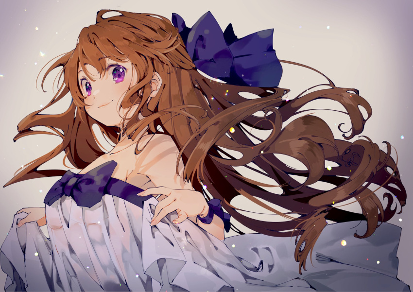 1girl bangs bare_shoulders blue_bow bow breasts brown_hair collarbone eyebrows_visible_through_hair floating_hair gradient gradient_background hair_bow highres holding holding_clothes looking_at_viewer looking_down medium_breasts nachoz_(nachozart) original smile solo symbol_commentary wrist_cuffs